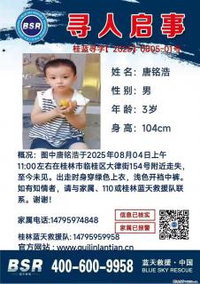 【寻人启事】图中唐铭浩于2025年08月04日上午11:00左右在桂林市临桂区大律街154号附近走失 - 鞍山28生活网 as.28life.com